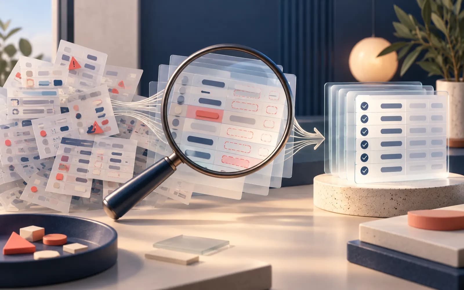 Illustration de jeux de données inspectés et organisés à l'aide d'une loupe.