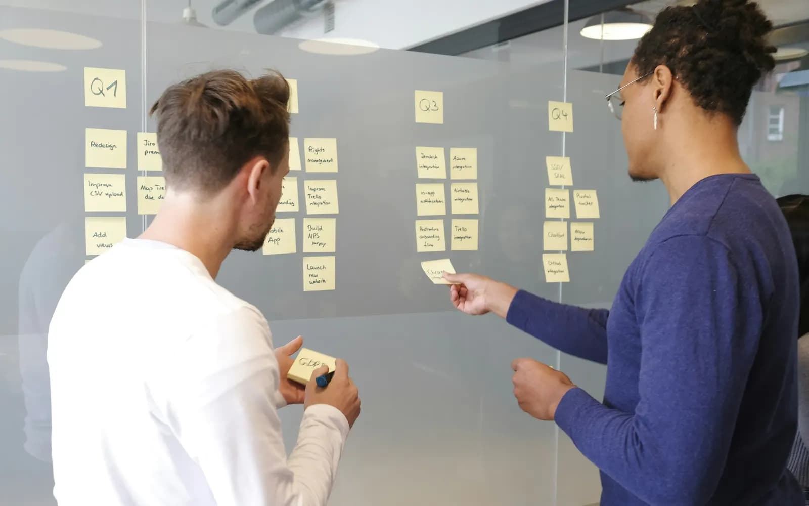 Équipe organisant les priorités d'un projet avec des notes sur une paroi vitrée.
